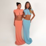 Solid Color Hollow Out Top Long Skirt Suit GYME-K6S16613A