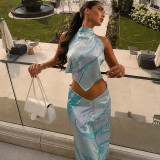 Printed Satin Backless Top Two Piece Skirts Set GYME-K6S16942A