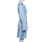 Solid Color Long Sleeve Cardigan Top Two Piece Skirts Set GYME-K6S15753A