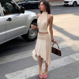 Solid Color Backless Top Irregular Skirt Suit GYME-K6S16730A