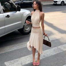 Solid Color Backless Top Irregular Skirt Suit GYME-K6S16730A