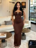 Solid Color V Buckle Ruched Maxi Dress GADE-11544