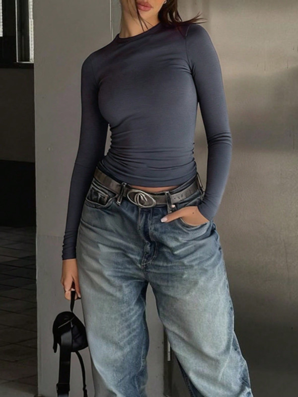Solid Color Long Sleeve Top YWXS-K25L982