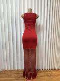 Sleeveless Solid Color Tassel Long Dress GADE-11204