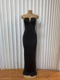 Solid Color V Buckle Ruched Maxi Dress GADE-11544