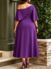 Plus Size Slash Shoulder Ruffles Midi Dress GAWE-6793