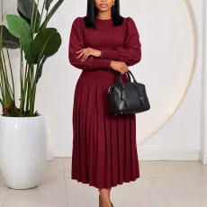 Plus Size Solid Color Puff Sleeve Midi Dress GMLF-3384