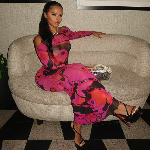 Long Sleeve Color Block Maxi Dress GJYO-JD305818