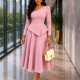 Plus Size Solid Color Slash Neck Midi Dress GCZF-8674