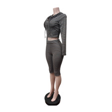 Long Sleeve Stripe Top Seventh Pants Suit MEM-88723
