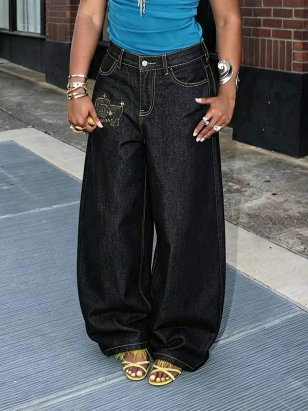 Plus Size Embroidered Wide Leg Jeans GYLN-1697