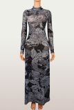 Mesh Printed See Through Long Sleeve Maxi Dress YWXS-XS-D3914186W