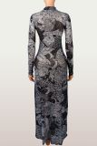 Mesh Printed See Through Long Sleeve Maxi Dress YWXS-XS-D3914186W