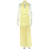 Solid Color V Neck Top Two Piece Skirts Set GJYO-JSD711896