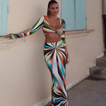 Color Block Long Sleeve Printed Two Piece Skirts Set GJYO-JSD711567