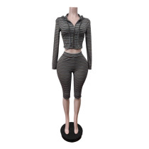 Long Sleeve Stripe Top Seventh Pants Suit MEM-88723
