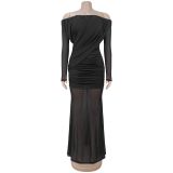 Off Shoulder Solid Color Mesh Maxi Dress BY-7803