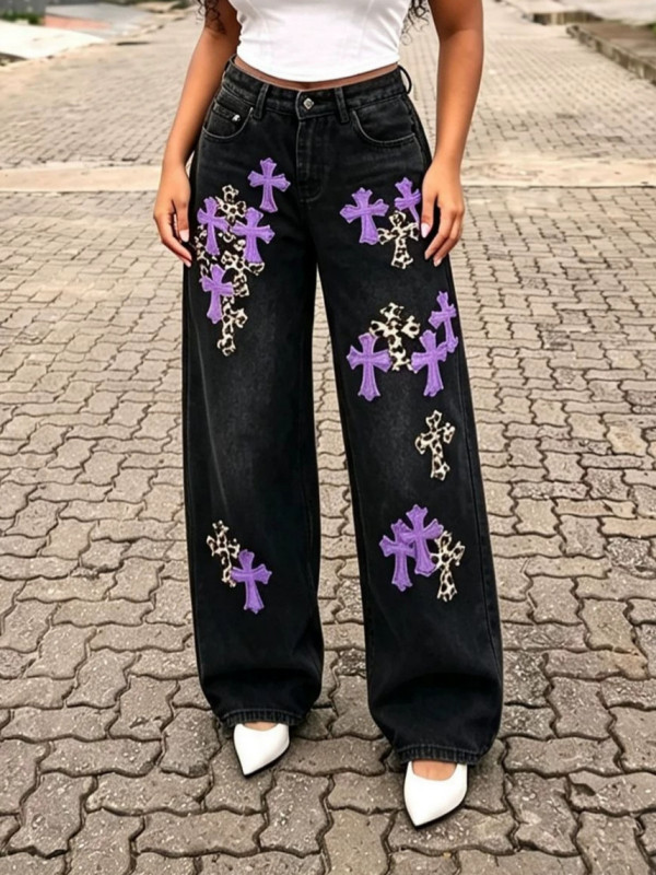 Plus Size Contrast Color Leopard Straight Jeans GYLN-8551
