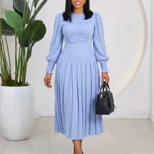Plus Size Solid Color Puff Sleeve Midi Dress GMLF-3384