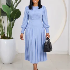 Plus Size Solid Color Puff Sleeve Midi Dress GMLF-3384
