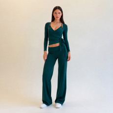 Solid Color V Neck Sport Three Piece Pants Set GPKJ-MR51429
