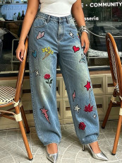 Plus Size Embroidered Patch Star Butterfly Jeans GYLN-4161