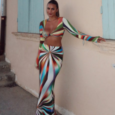 Color Block Long Sleeve Printed Two Piece Skirts Set GJYO-JSD711567