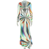 Color Block Long Sleeve Printed Two Piece Skirts Set GJYO-JSD711567