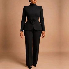 Plus Size 3D Flowers Long Sleeve Solid Two Piece Pants Set GCZF-8673