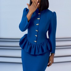 Plus Size Solid Color Long Sleeve Ruffles Midi Dress GATE-646