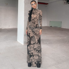 Mesh Printed See Through Long Sleeve Maxi Dress YWXS-XS-D3914186W