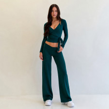 Solid Color V Neck Sport Three Piece Pants Set GPKJ-MR51429