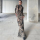 Mesh Printed See Through Long Sleeve Maxi Dress YWXS-XS-D3914186W