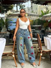 Plus Size Embroidered Patch Star Butterfly Jeans GYLN-4161