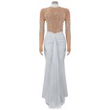 Mesh Hot Drill Long Sleeve Maxi Dress BY-7792