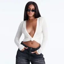 Solid Color Deep V Neck Cardigan Top MXBF-J26TP400