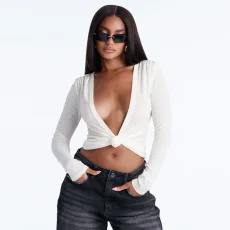 Solid Color Deep V Neck Cardigan Top MXBF-J26TP400