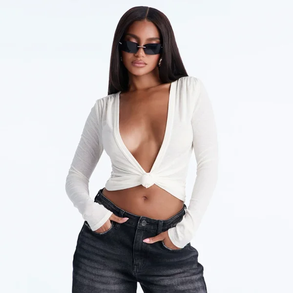 Solid Color Deep V Neck Cardigan Top MXBF-J26TP400