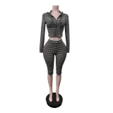 Long Sleeve Stripe Top Seventh Pants Suit MEM-88723