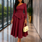 Plus Size Solid Color Slash Neck Midi Dress GCZF-8674