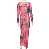 Long Sleeve Color Block Maxi Dress GJYO-JD305818