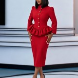 Plus Size Solid Color Long Sleeve Ruffles Midi Dress GATE-646