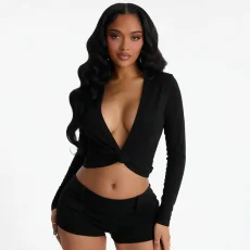 Solid Color Deep V Neck Cardigan Top MXBF-J26TP400