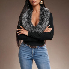 Fur Neck Deep V Long Sleeve Top GDSF-Q26TP229