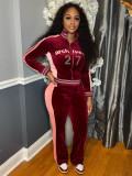 Embroidered  Velour Contrast Color Two Piece Pants Set CH-26037