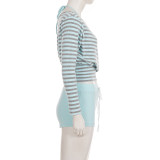 Stripe Long Sleeve Top Drawstring Short Suit GPKJ-MR50968