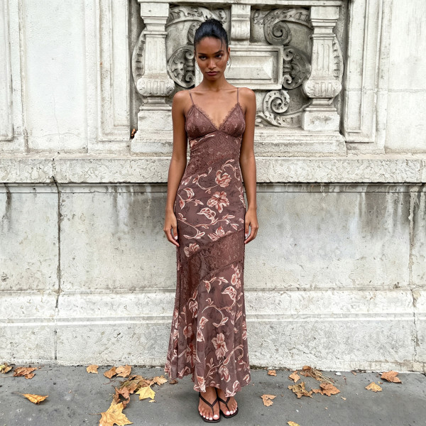 V Neck Printed Backless Maxi Dress GPKJ-MR51836