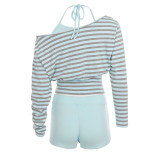 Stripe Long Sleeve Top Drawstring Short Suit GPKJ-MR50968