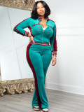 Embroidered  Velour Contrast Color Two Piece Pants Set CH-26037