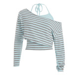 Stripe Long Sleeve Top Drawstring Short Suit GPKJ-MR50968